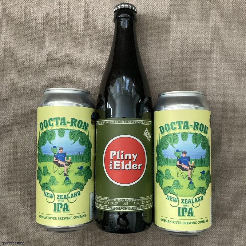 3 BEERS : 1 BOTTLE OF PLINY THE ELDER & 2 CANS OF RUSSIAN RIVER DOCTA-RON NEW ZEALAND HOPS IPA