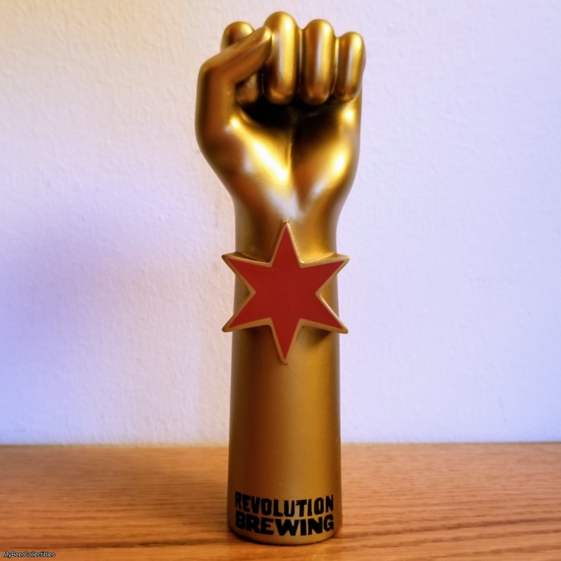 Revolution Brewing - Gold Signature Fist Tap Handle & Sticker (NEW IN BOX)