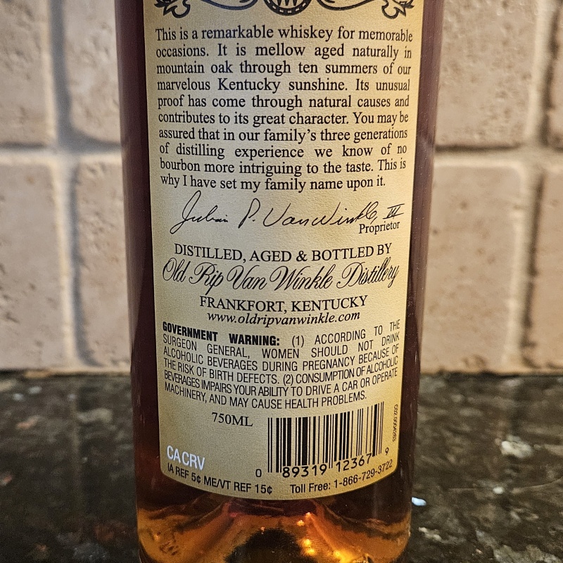 Old Rip Van Winkle 10 Years Old Kentucky Straight Bourbon Whiskey 107 Proof