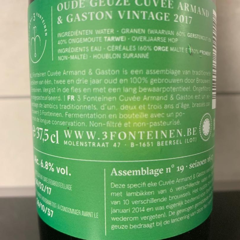 1 bottle (375ml) of  3 Fonteinen -  3F Oude Geuze Vintage 2017 - Cuvée Armand & Gaston