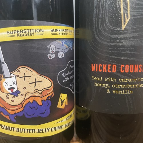 3 Bottle Mead Lot: Superstition b1 Marshmallow Peanut Butter Jelly Crime, Lost Cause Devilry & Wicked Counsel