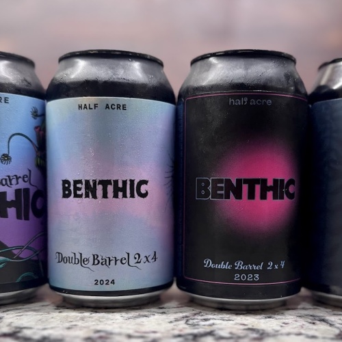 Half Acre Double Barrel Benthic 4 can Vertical. Double Barrel 2022, Double Barrel 2x4 2023 - 2025 (most recent vintage)