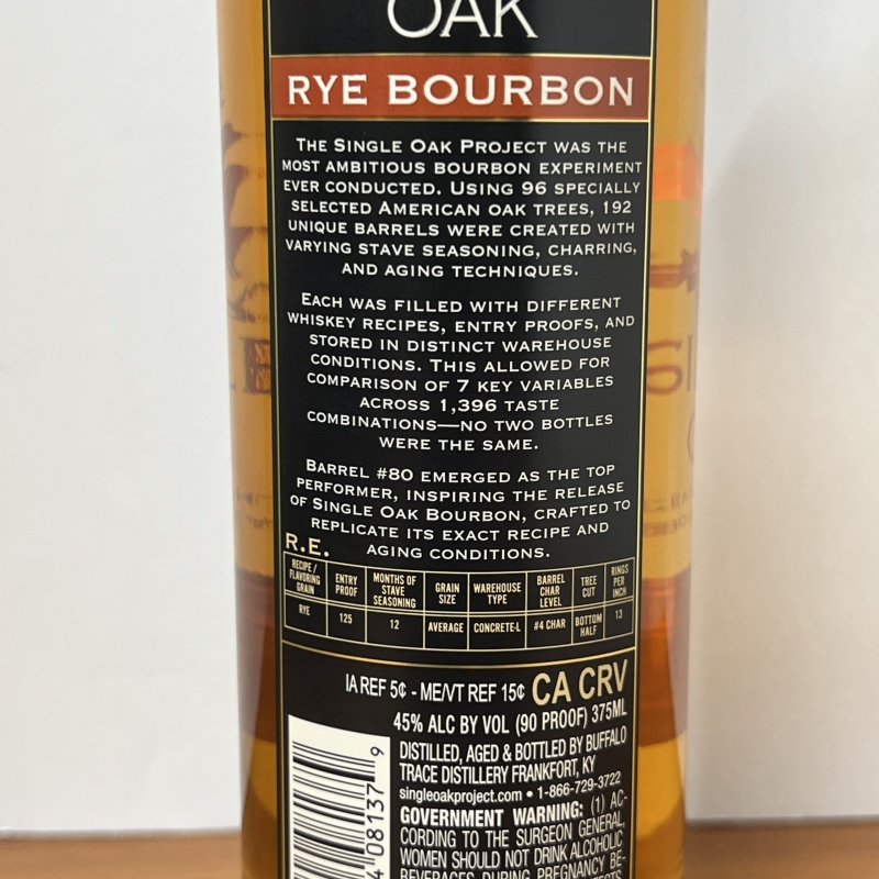 Buffalo Trace Single Oak Project Rye Bourbon Barrel# 80 - 90 Proof / SOP 375ml