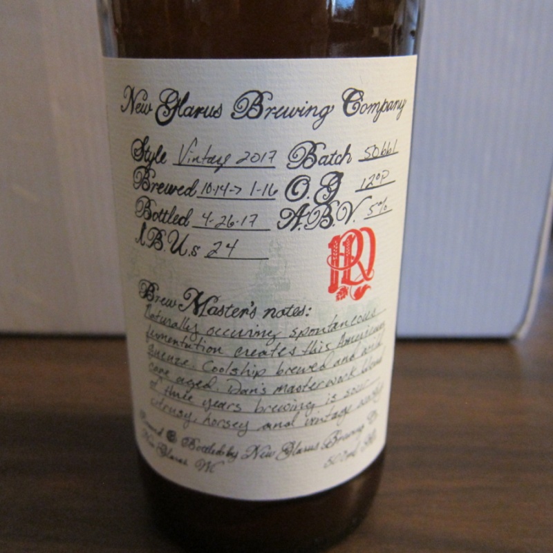 Vintage 2017 New Glarus Sour Ale R&D