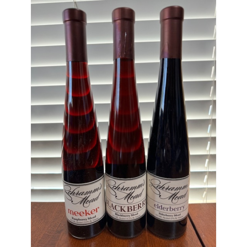 3x SCHRAMMS MEEKER (RASPBERRY), ELDERBERRY, BLACKBERRY Mead