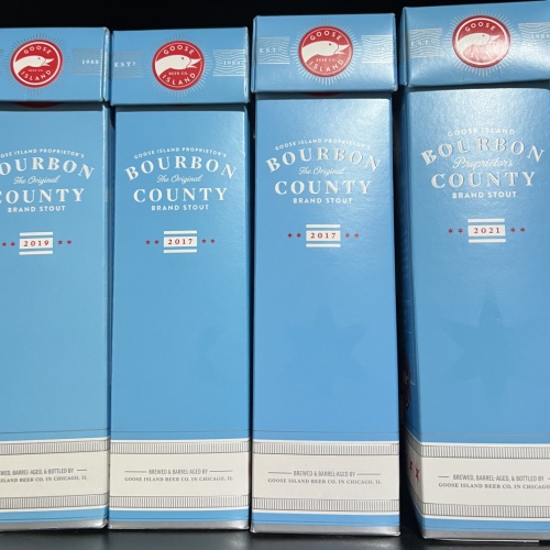 Goose Island Bourbon County Proprietors 2-2017s, 1-2019, and 1-2021.
