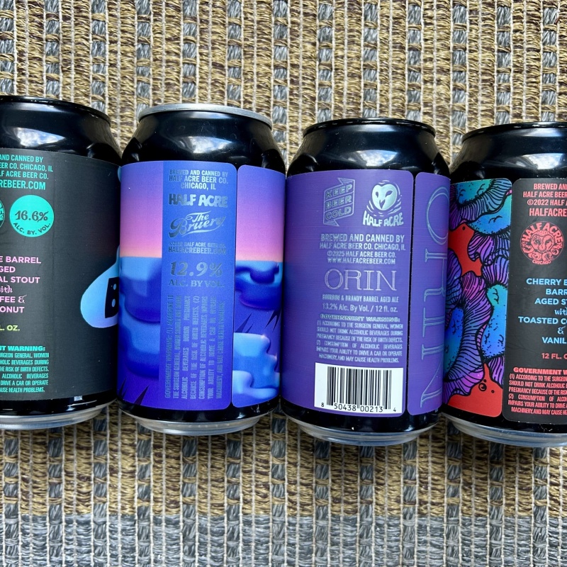 Half Acre Double Barrel Benthic, Blue Monday, Cherry Brandy Benthic and Orin