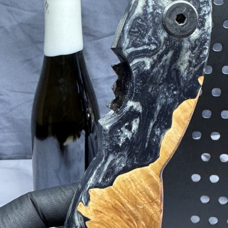 Sold Wood Burl with Charcoal Grey & Silver Resin - Beer Bottle Opener with Carbon Fiber Wax cutter