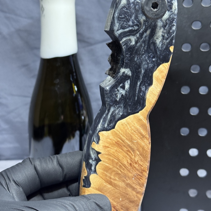 Sold Wood Burl with Charcoal Grey & Silver Resin - Beer Bottle Opener with Carbon Fiber Wax cutter
