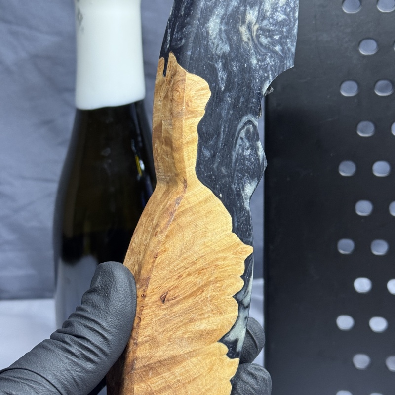 Sold Wood Burl with Charcoal Grey & Silver Resin - Beer Bottle Opener with Carbon Fiber Wax cutter