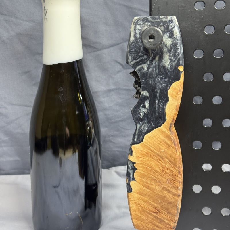 Sold Wood Burl with Charcoal Grey & Silver Resin - Beer Bottle Opener with Carbon Fiber Wax cutter
