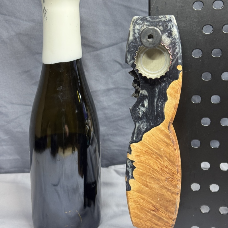 Sold Wood Burl with Charcoal Grey & Silver Resin - Beer Bottle Opener with Carbon Fiber Wax cutter