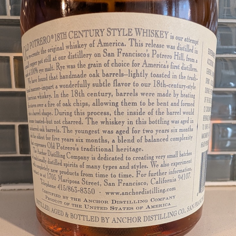 Old Potrero 10-Year Single Barrel Reserve Rye Whiskey – 750ml – High Fill – Perfect Label & Capsule