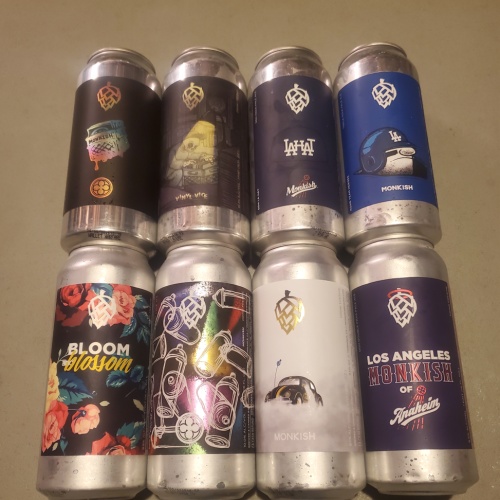 Monkish 8 cans - Home Team Heroes, LA Hat, Vinyl Vice, Buy, Sell, Trade, Los Angeles Monkish of Anaheim, Foggy Window, Backpack Full of Cans