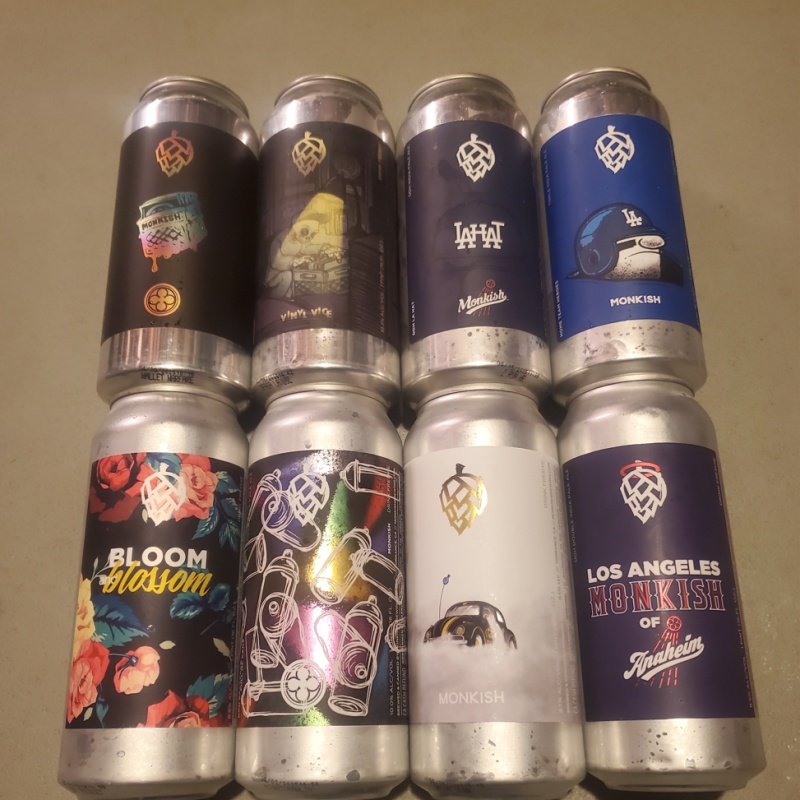 Monkish 8 cans - Home Team Heroes, LA Hat, Vinyl Vice, Buy, Sell, Trade, Los Angeles Monkish of Anaheim, Foggy Window, Backpack Full of Cans