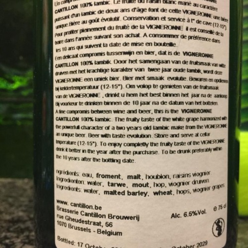 1 bottle (75cl) of CANTILLON VIGNERONNE 2019