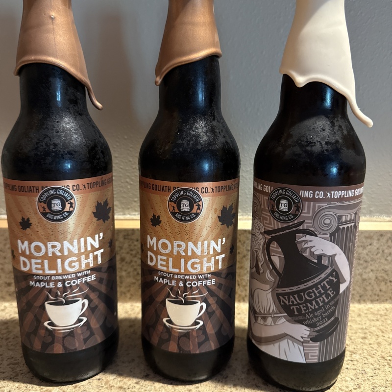 Two 2025 Toppling Goliath Mornin’ Delight and bonus 2021 Naughty Temple