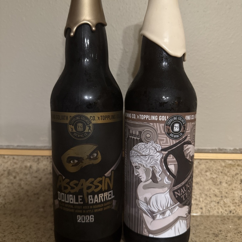 2026 Toppling Goliath Double Barrel Assassin 2026 (bourbon aged and apple brandy aged) plus bonus 2021 Naught Temple