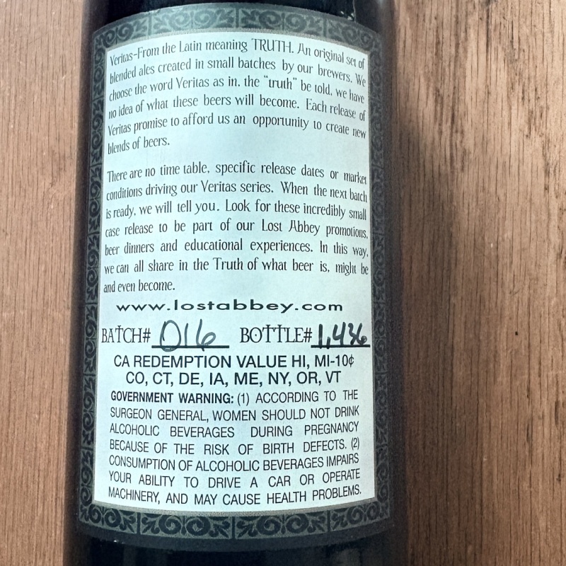 Lost Abbey Veritas 016 - Oak Aged Wild Ale - 2015 - 750ml Bottle
