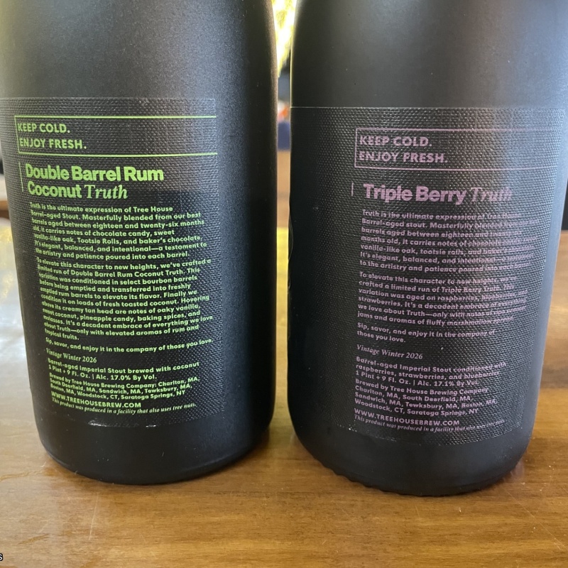 Tree House Brewing 1 * DOUBLE BARREL RUM COCONUT TRUTH & 1 * TRIPLE BERRY TRUTH - 2 BOTTLES TOTAL